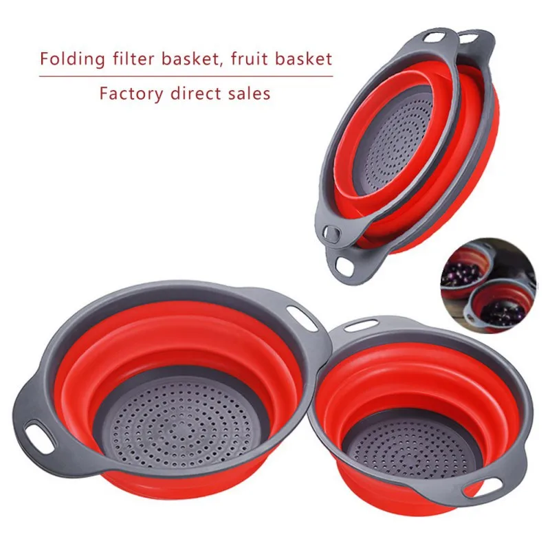 

s.2PCS Folding Collapsible Silicone Colander Strainer Kitchen Fruit Filter Basket Small Washing Basket Strainer Kitchen Tool