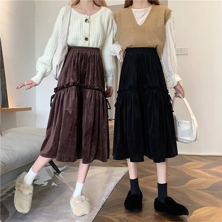 2021 зима осень толстые бархатные трапециевидные гофрированные длинные юбки с карманами сплошные Лоскутные Длинные Бохо юбки