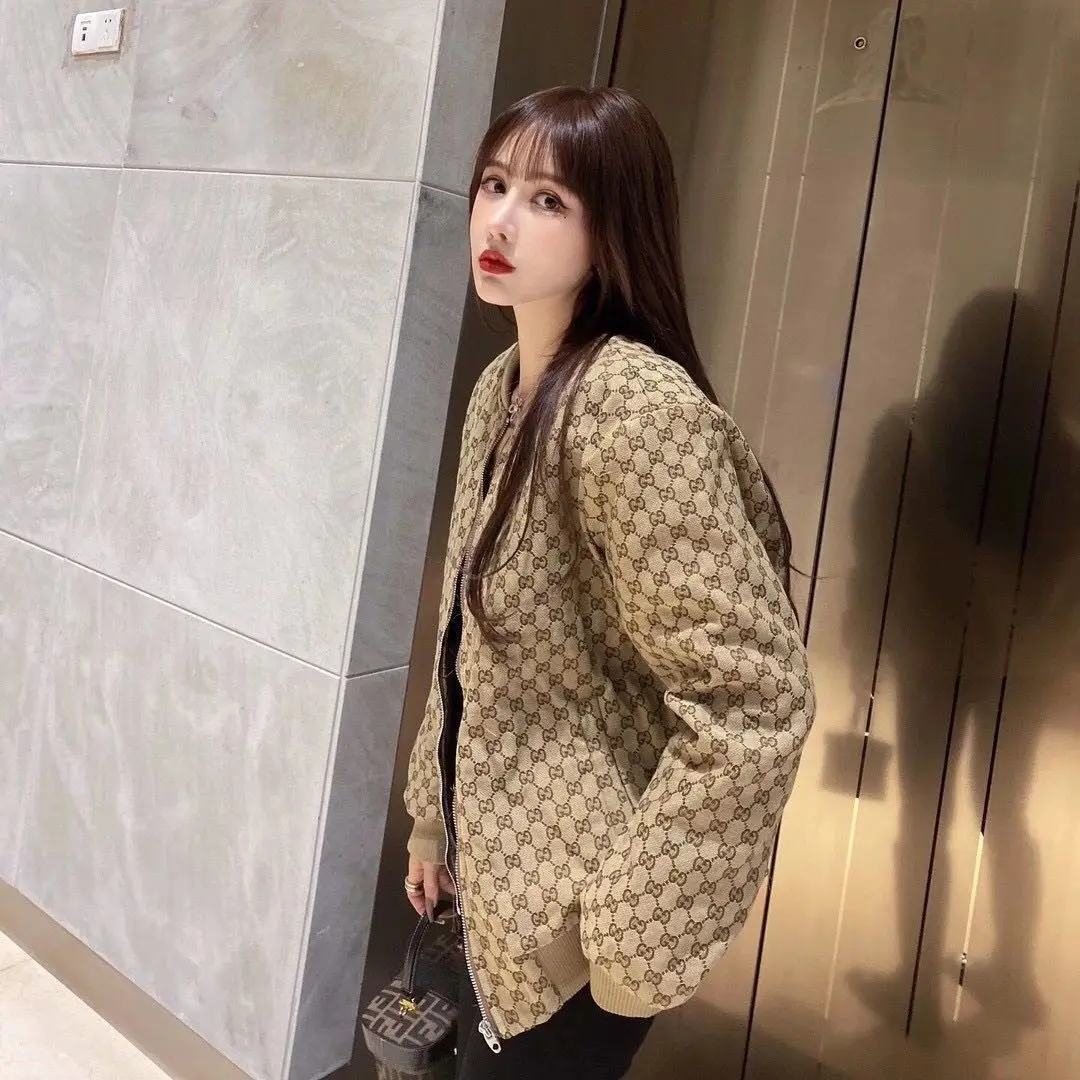 

Jacket Women's fashion spring summer 2021 new baseball Cardigan Jacket Women's doubles g yarn dyed jacquard net red top