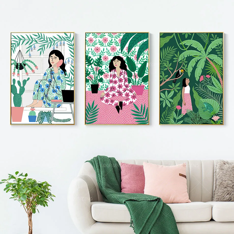 Абстрактная картина с изображением девушки йоги фруктов леса животных на стену