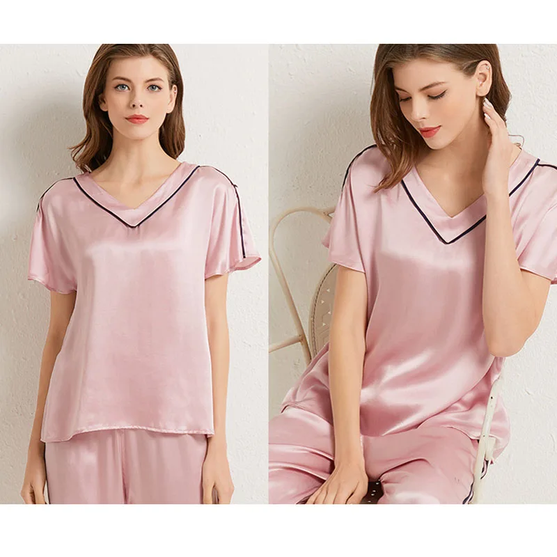 CAVME V-neck Real Silk Pajama Sets for Women Ladies Luxury Sleepwear Sets 2 Pieces 100% Silk Homeclothes PLUS SIZE