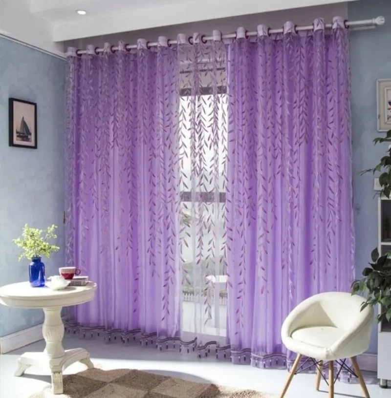 Шторы из вуали с рисунком зеленой и фиолетовой ивы прозрачные Занавески для дома