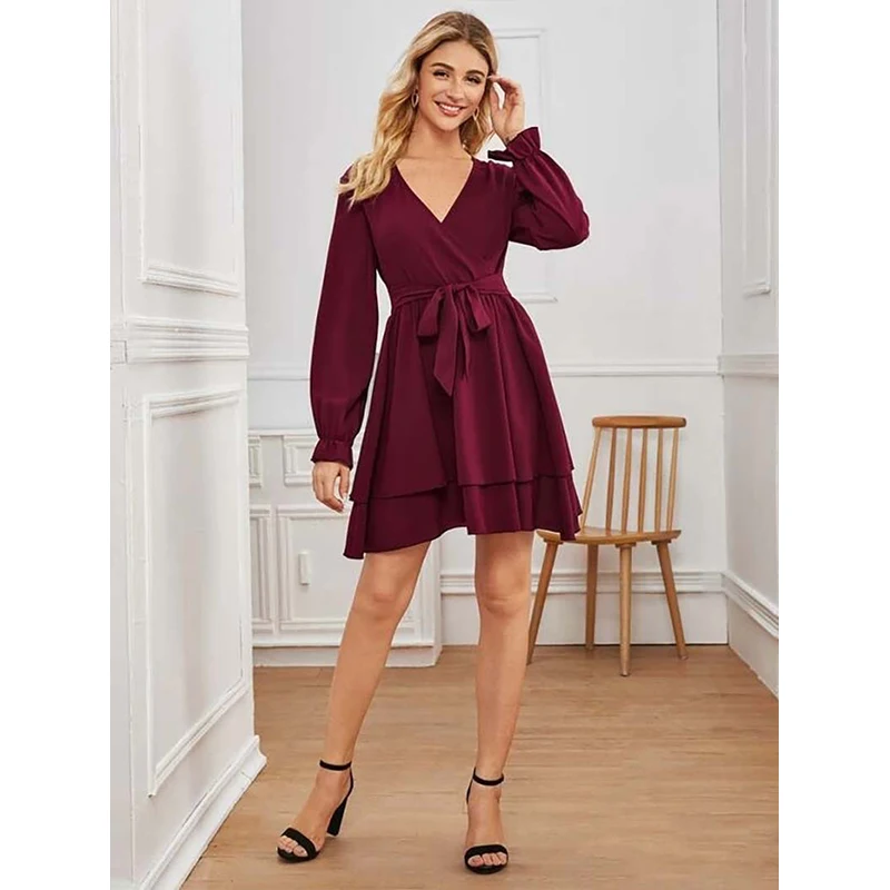 Сезон весна-осень Элегантная женское платье однотонное сексуальное с v-образным