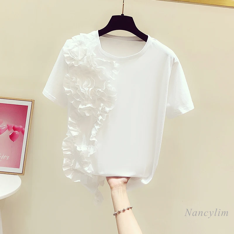 Three-Dimensional Pleated Flower Tshirt Woman Round Neck Short Sleeve Cotton T-shirt 2021 Summer New Casual Temperament Top