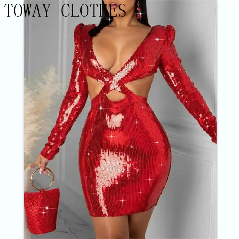 

Women Solid Red Long Sleeve Wrap Cutout Bodycon Sequin Dress