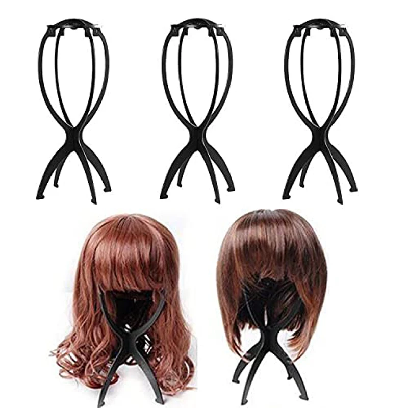 3Pcs Plastic Wig Display Stand Mannequin Dummy Head Adjustable Wig Holder Foldable Hat Stand Display Tool Black