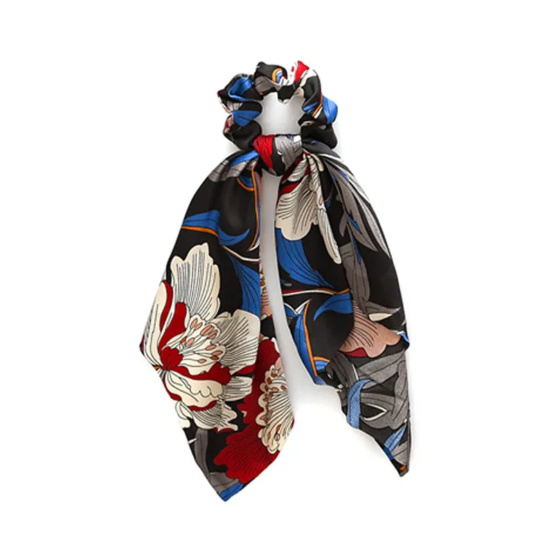 Богемные резинки для волос с бантом винтажные цветочным принтом атласный шарф