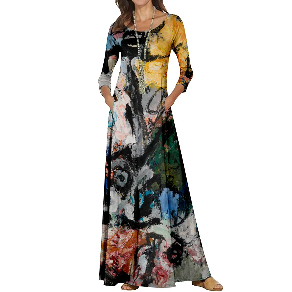 

Spring summer Women's O-neck long dress casual loose long-sleeved Abstract Painting Printing women's tunic jacket women's robe