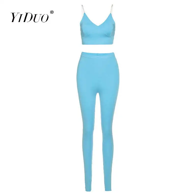 

YiDuo Autumn Tracksuit Women Fitness Matching Set V-Neck Cami Crop Top + Leggings Elastic Sporty Casual Outfits Two Piece Set
