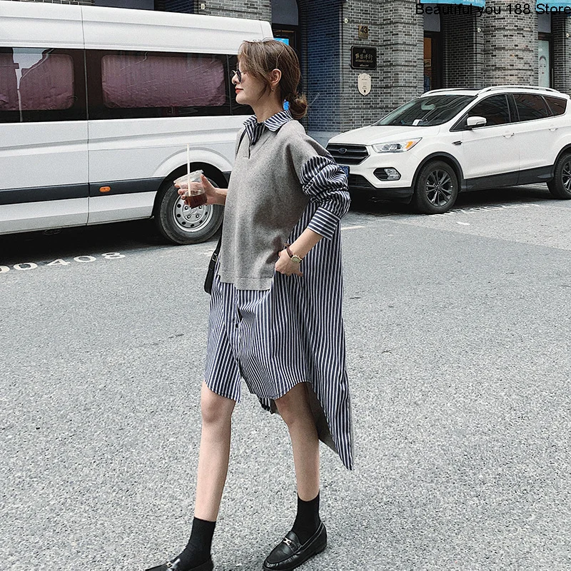 

2020 bottom knitted stitching two piece Lapel loose medium length striped shirt dress for women