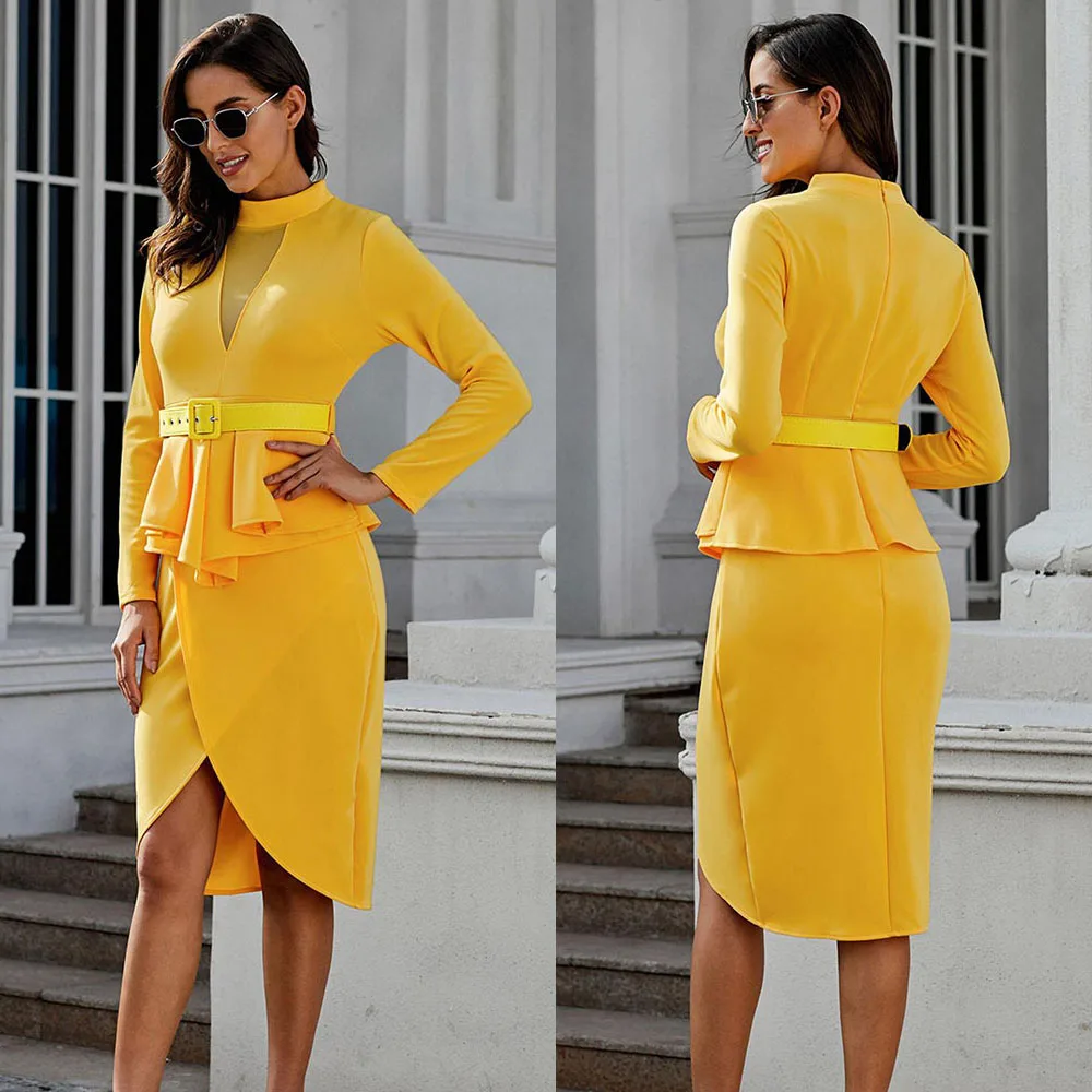 Осеннее женское асимметричное платье миди SEBOWEL с длинным рукавом и баской