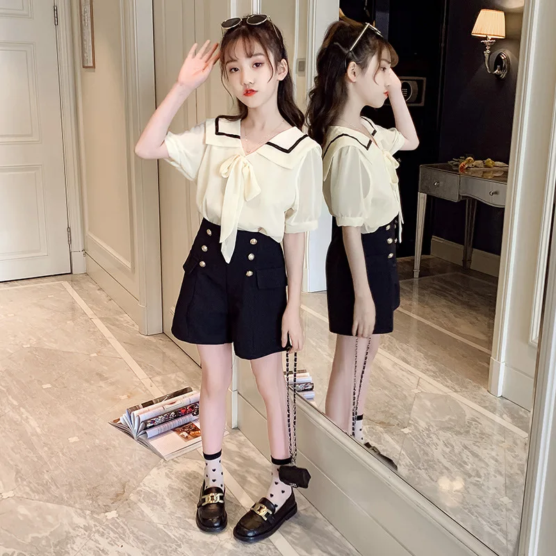 

Girl Set New Fashionable Summer 2021 Short Sleeve Chiffon Shorts Set for Kids 2Piece Sets 4 6 8 11 12 13 14 15 Year Girls Suits