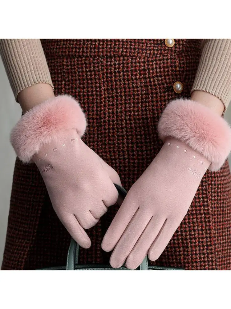 

Women Winter Full Finger Gloves Plush Lined Heart Embroidery Touchscreen Mittens