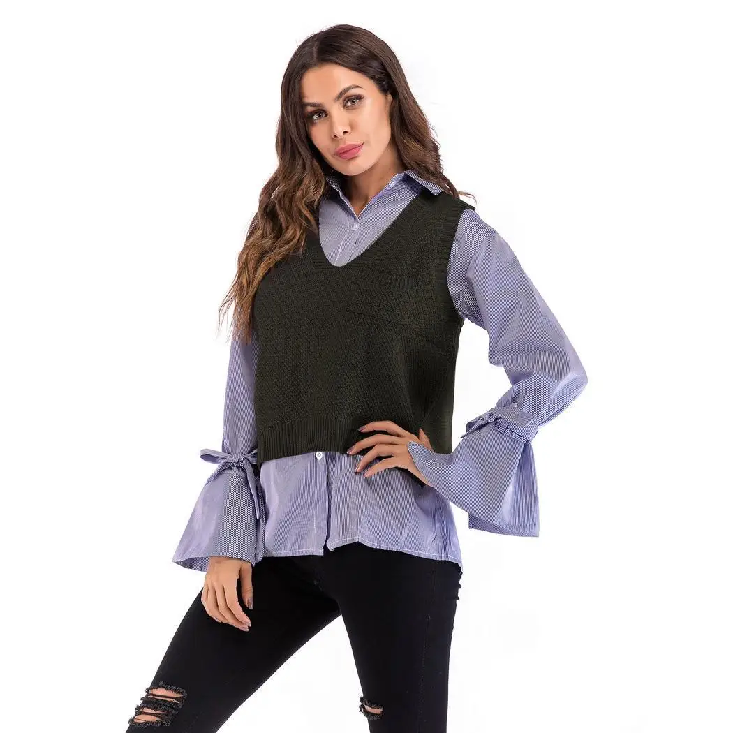 Женский модный Повседневный однотонный вязаный свитер без рукавов с v образным