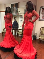 2020 african red long sleeves mermaid prom dresses see through high neck beads lace applique formal evening gowns