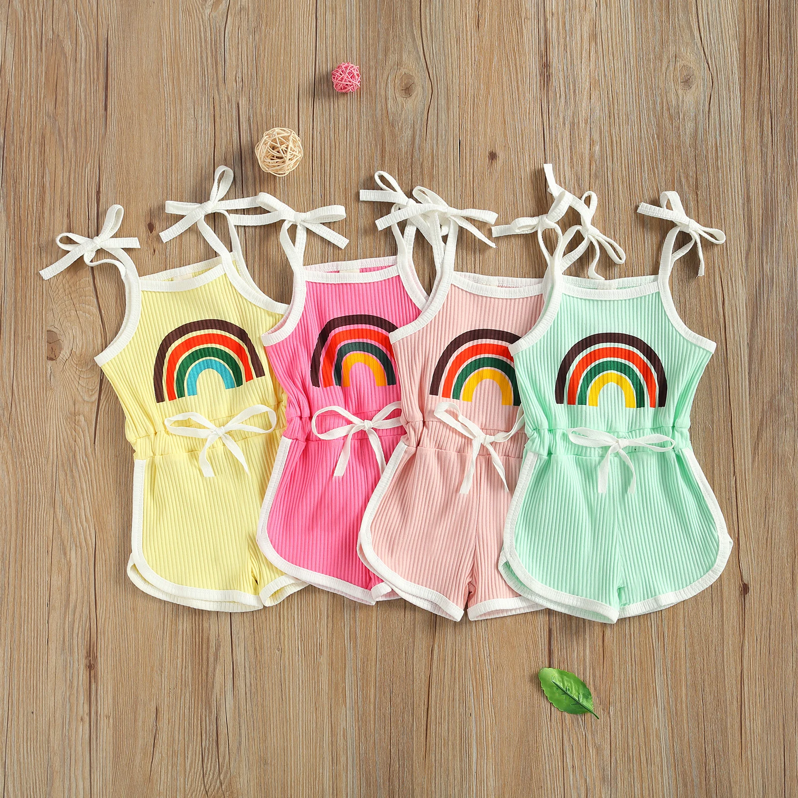 

New Girls Sleeveless Playsuit Rainbow Printed Pattern Off Shoulder Sling Suspender One-piece Drawstring Romper 6M-4Y