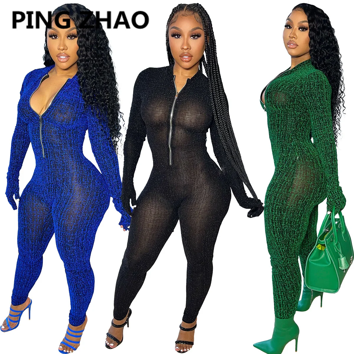 

PING ZHAO Women Solid Sheer Shiny Jumpsuit Fashion Sexy Club Wear Zipper Front Long Sleeve Bodycon One Piece Outfits