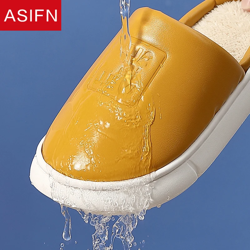 Тапки ASIFN из хлопка и ПУ для женщин водонепроницаемые зимние кожаные домашние