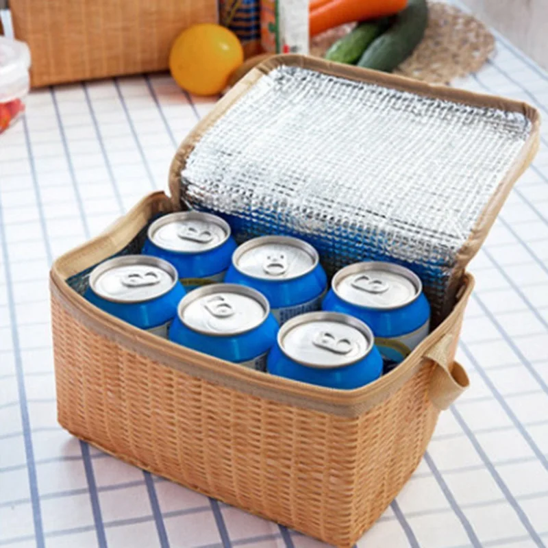 

Lunch Bag Insulated Thermal Cooler Lunch Box Waterproof Handbag Imitation Rattan Storage Food Container Box for Picnic Wood