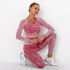 Женский Камуфляжный комплект для йоги, спортивные костюмы для фитнеса, спортивный бюстгальтер с длинным рукавом, короткий топ, леггинсы с высокой талией, спортивная одежда, одежда для спортзала