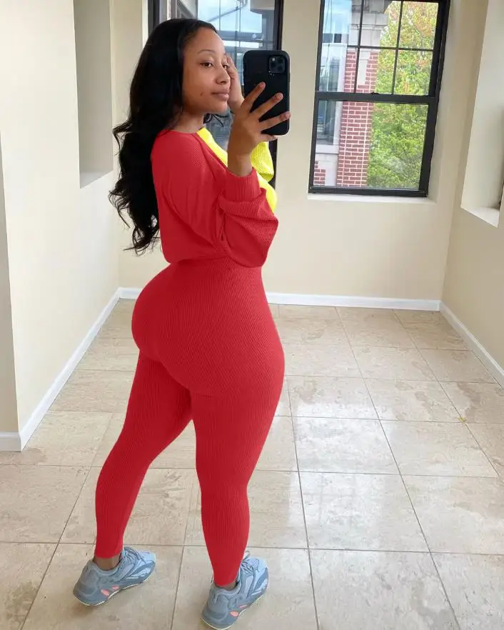 

2020 New Autumn Spring Women Casual Sports 2pcs Outfit Set Long Sleeve Color Block Top and Long Pants Set for Ladies Outwear