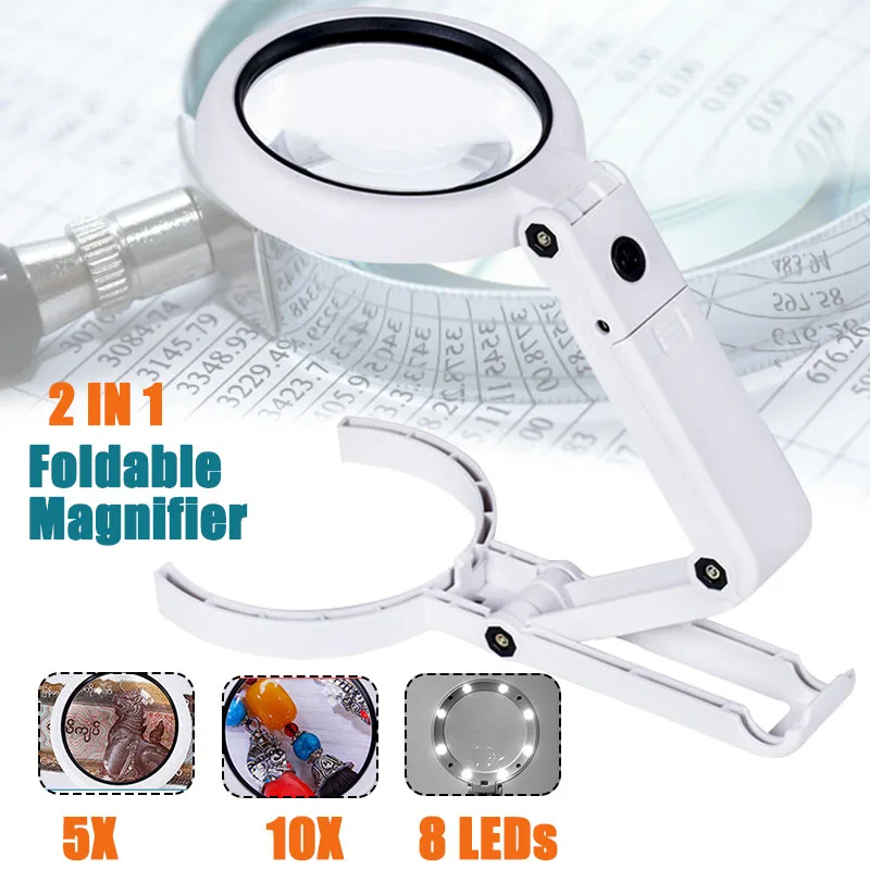 5X 10X Ручной складной светильник лупа для чтения портативное увеличительное