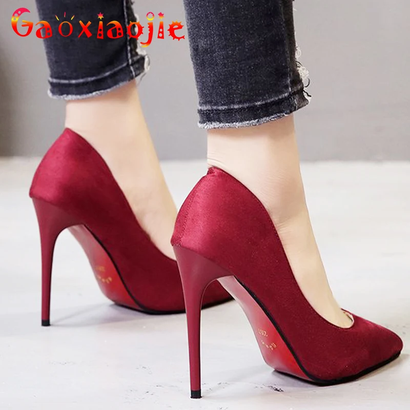 

Женские офисные туфли-лодочки, однотонные модные замшевые туфли с острым носком, Элегантные Простые праздничные туфли на очень высоком каб...