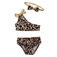 kids baby girls leopard off shoulder bow bikini set 3pcs swimwear swimsuit bathing suit costume clothing