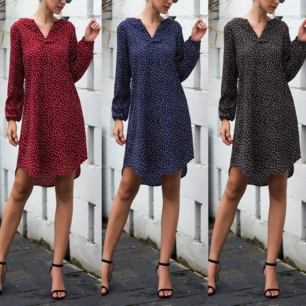 

Newest Women Polka Dot Dress Slim Fit V Neck Long Sleeve Shirt Dress Summer Beach