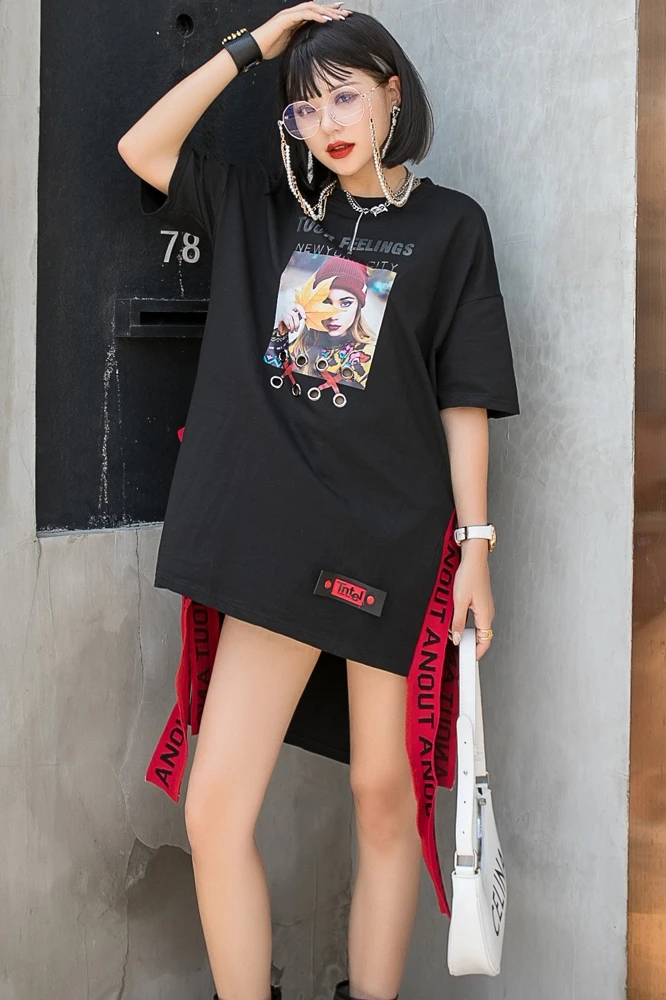 

QING MO Large Size Women Irregular T Shirt 2021 Summer Beauty Printed T Shirt Women Letter Ribbon T Shirt ZQY7283