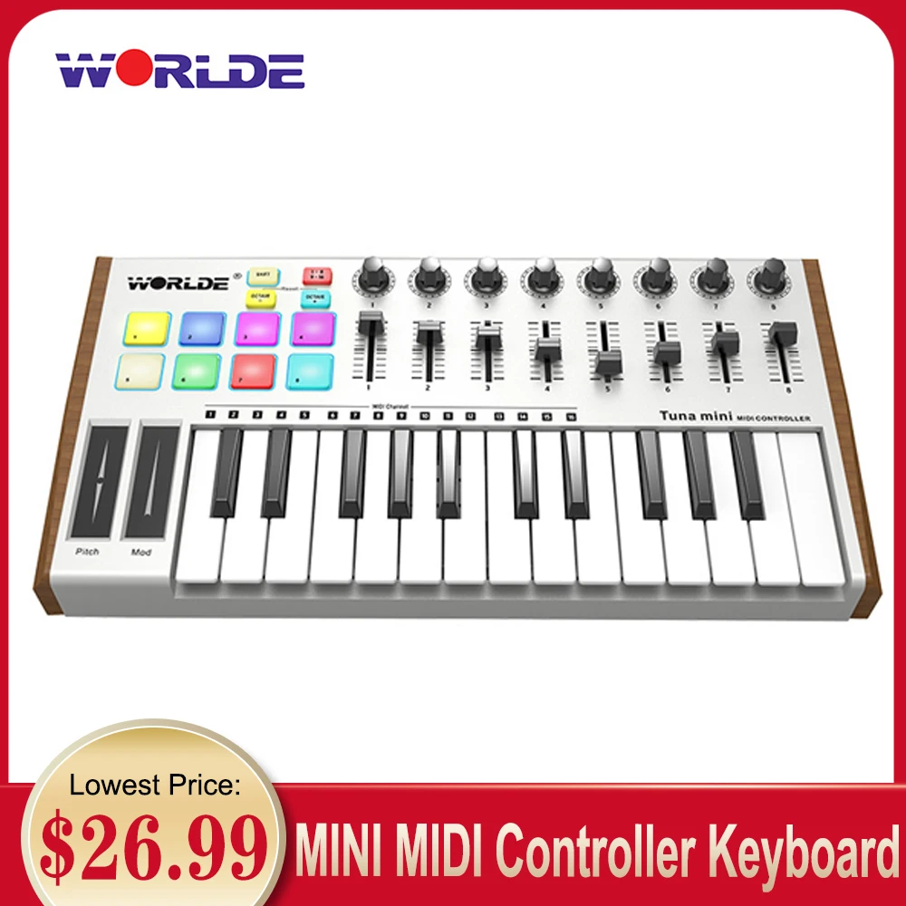 WORLDE TUNA MINI MIDI Keyboard 25-Key USB Controller 8 RGB Backlit Trigger Pads with 6.35mm Pedal Jack | Спорт и развлечения