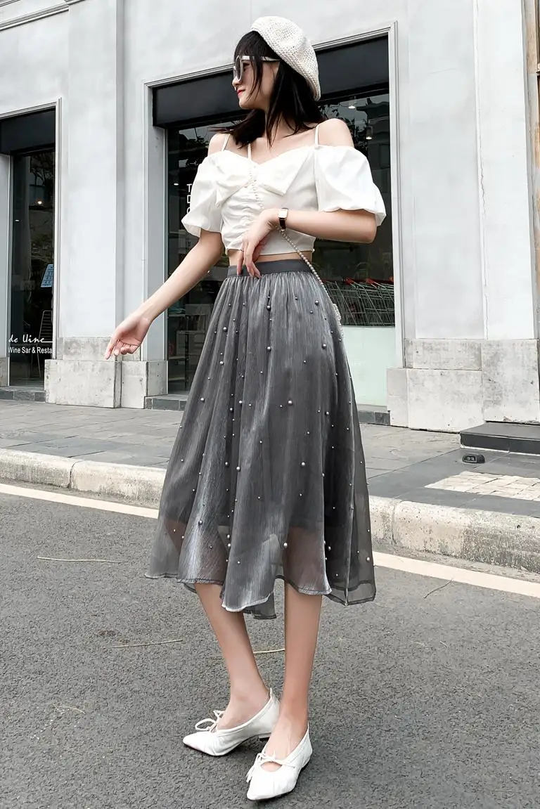 

COIGARSAM Women Skirt New Spring Summer Beading Mesh Skirts Apricot Gray Black 8575