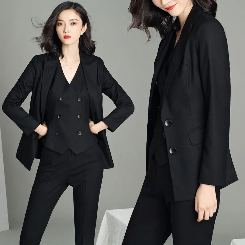 

Office Ladies Fashion New Brand Women Slim Fit Suits Long Sleeve Blazer Ankle Length Pants Double Breasted Vest Female 3Pcs Sets