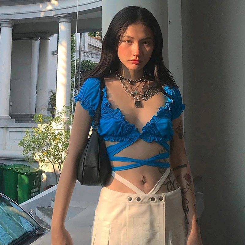 Летние однотонные сексуальные бандажные крестообразные топы T shirt2019 хит