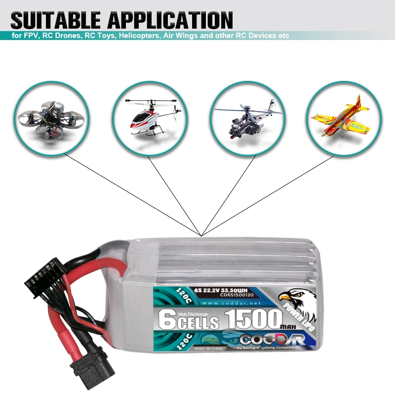 

CODDAR lipo 6s 1500Mah 120C 22.2V With XT60 Plug For RC Toys Helicopters FPV Drone Quadcopter Parts