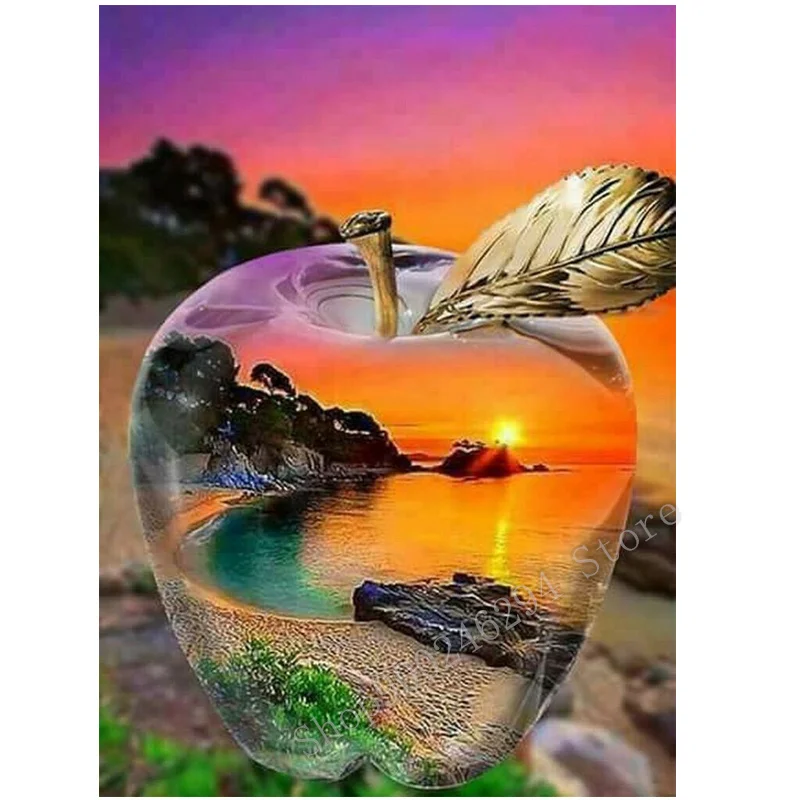 Полностью квадратная круглая дрель 5D DIY Алмазная Картина Закат яблоко море 3D
