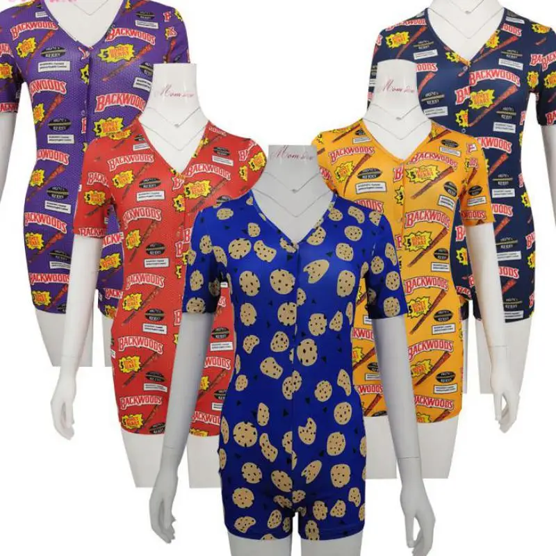 

Onesies V-neck Satin Nightwear Yong Lady Casual Sexy Short Sleeve Bodycon Jumpsuits Tight Women Pajamas Shorts With Buttons