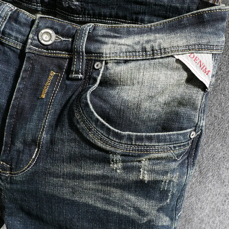 European Vintage Fashion Men Jeans Retro Blue Distressed Washed Elastic Slim Fit Ripped Jeans Men Designer Casual Denim Pants