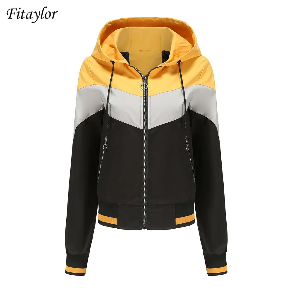 

Fitaylor Autumn Women Hooded Jacket Tricolor Stripe Waterproof Household Coat Casual Trench Girl Hight Street Quality Jacket