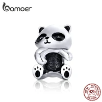 bamoer panda hug metal beads for women jewelry making 925 sterling silver animal charms fit for 3mm silver bracelet scc1175