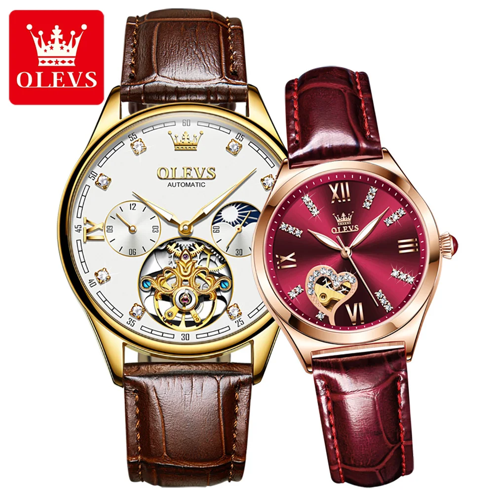 OLEVS Couple Watch Breathable leather Band Fashion Business Waterproof His and Her Mechanical watches Wristwatch Set for Lovers