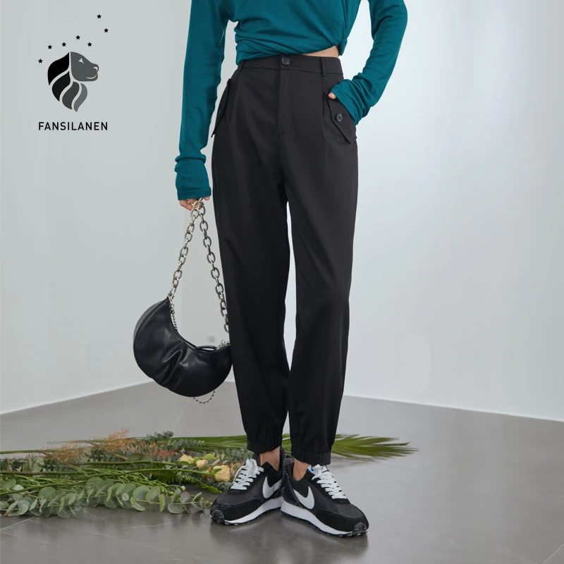 

FANSILANEN Casual streetwear black cargo pants Women pocket high waist pants capri Female spring loose elegant trousers bottom