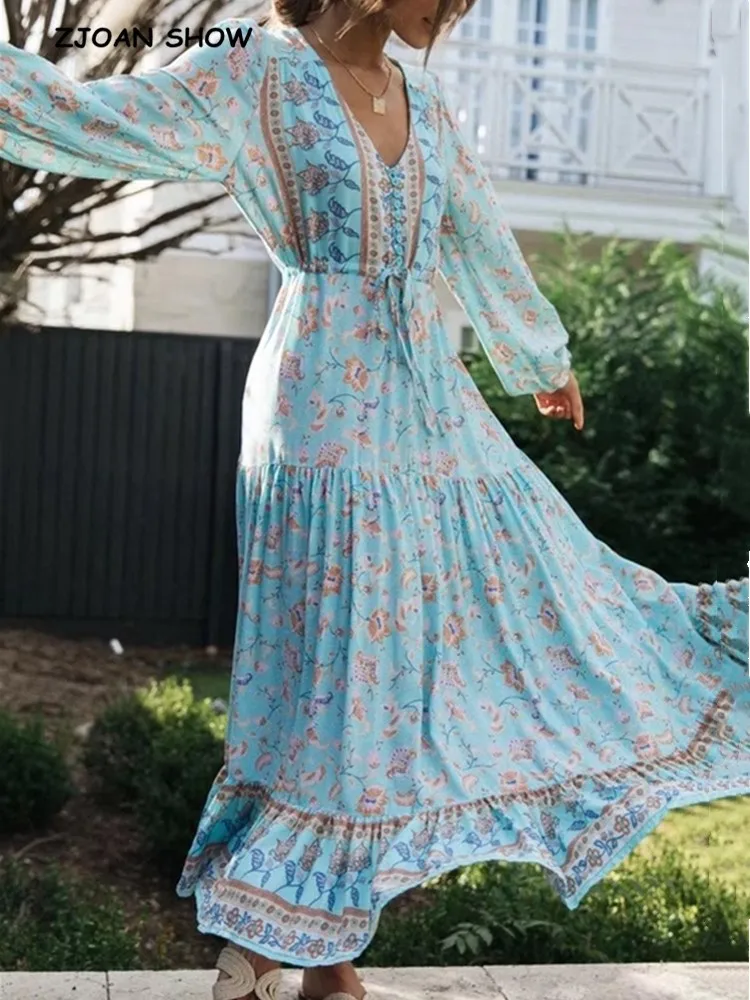 Женское богемное платье с V образным вырезом мятно зеленое в стиле бохо цветочным