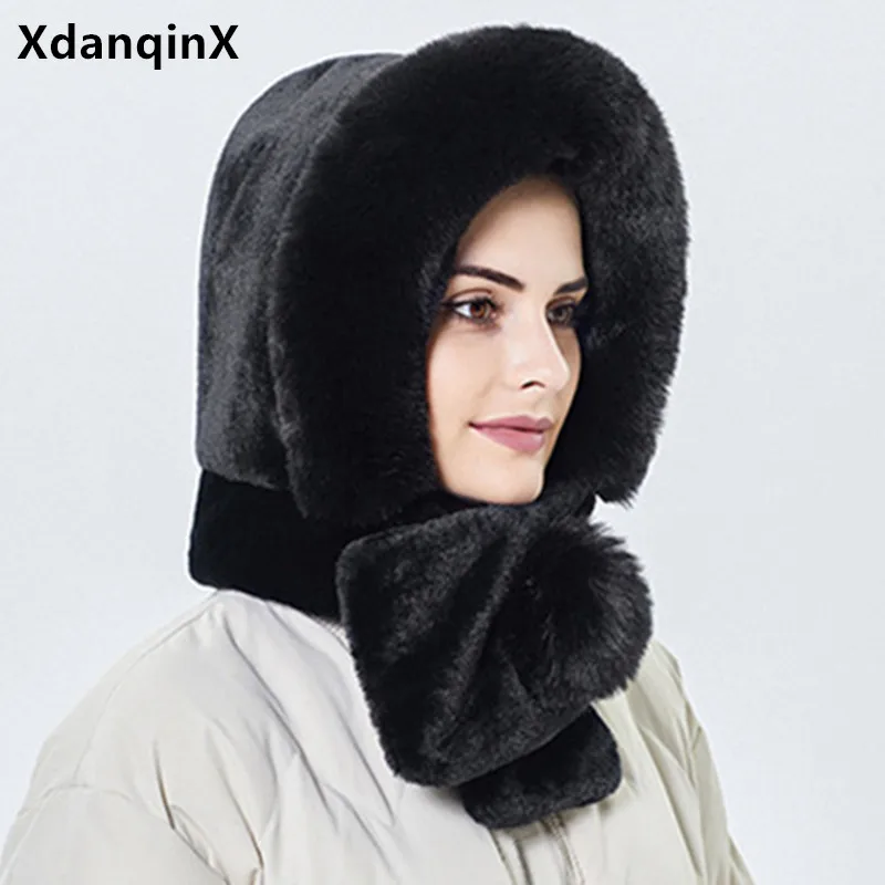 

XdanqinX Novelty Winter Women's Warm Hat Fluff Thick Warmth Bomber Hats Bib Scarf Hooded Woman Earmuffs Caps Cold Proof Ski Cap