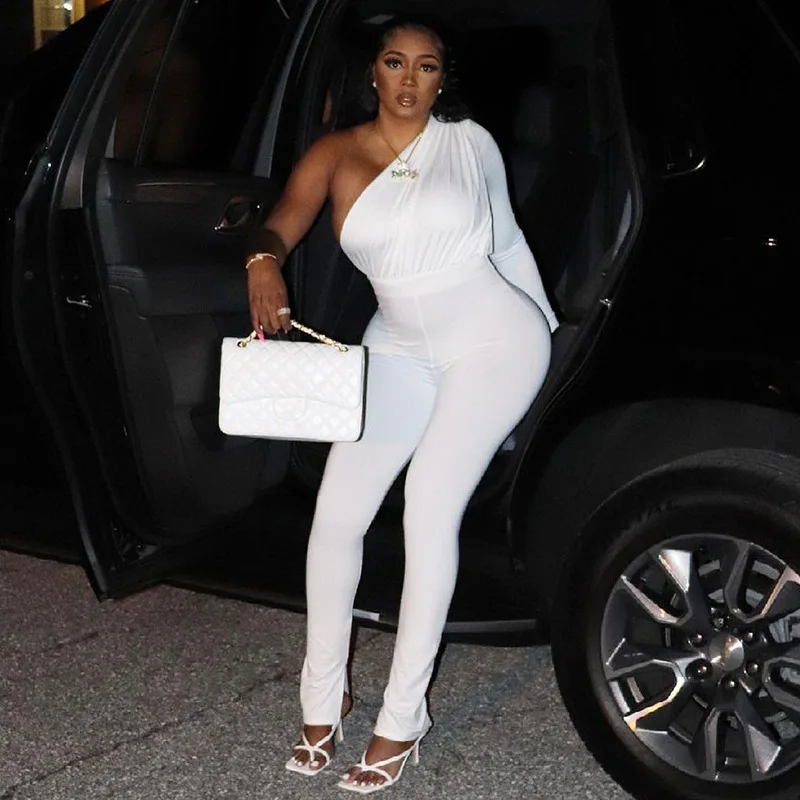 

Elegant Irregular White Solid Jumpsuit Women Sexy Folds One Shoulder Long Sleeve Pants Slim Romper Women Jumpsuit New Autumn