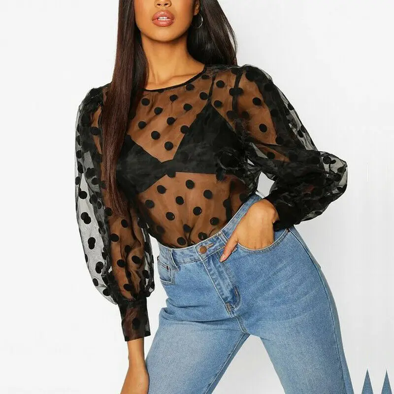 

Hirigin Women Polka Dot Retro Blouse Lady Early Autumn Modern Mesh Shirt Vogue See-through Loose Button Puff Sleeve Blouse