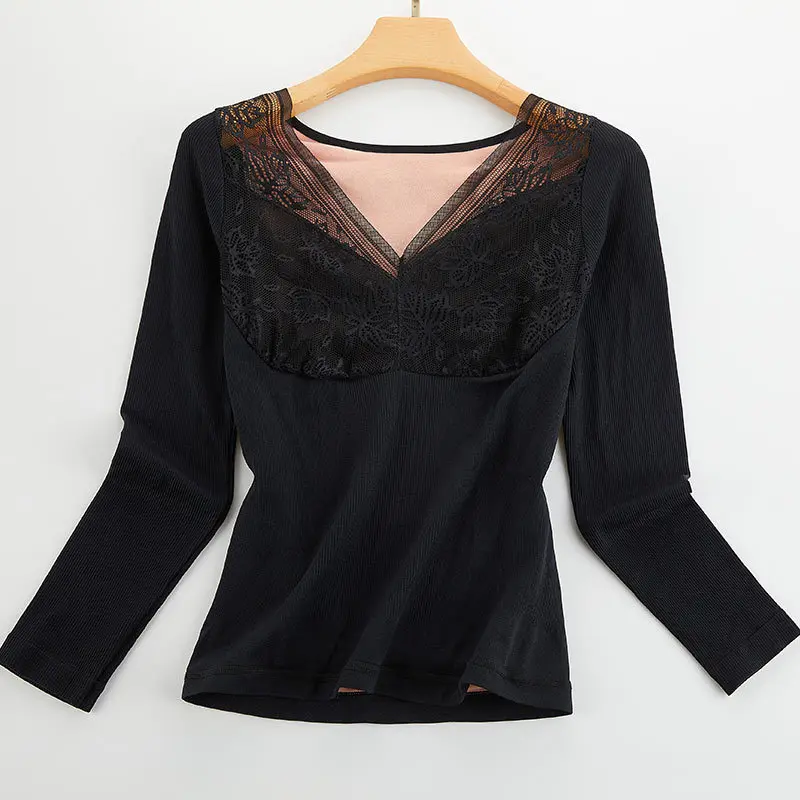 

Plus Velvet Thick Winter Long-sleeved V-neck Thermal Underwear for Women Lace Sexy Slim Warm Top Sexy Female Lace Thermal Tops