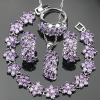 bridal purple zirconia silver 925 wedding jewelry sets bracelets stones earrings for women pendant necklace rings set gift box
