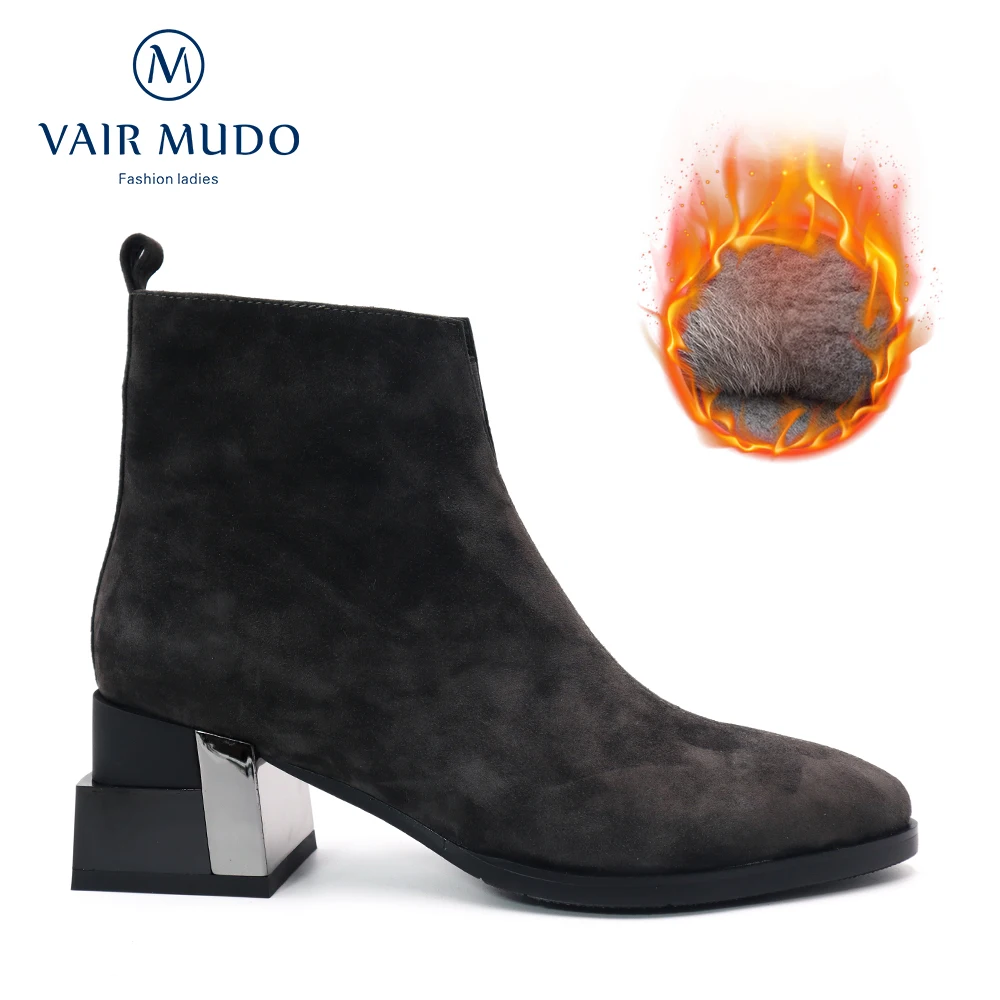

VAIR MUDO Women Ankle Boots High Heels Concise Kid Suede Gray Pointed Toe Elegant Autumn Winter Warm Short Plush Wool DX79