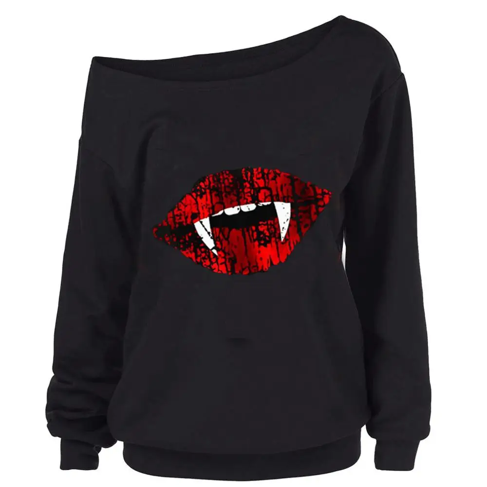Для женщин Хэллоуин готический панк дьявол зубы напечатаны Skew воротник блузка